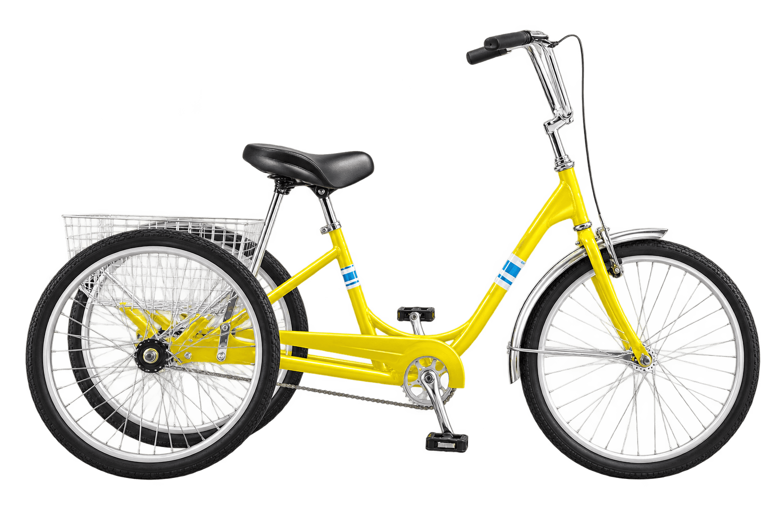 Yellow adult trike with rear basket